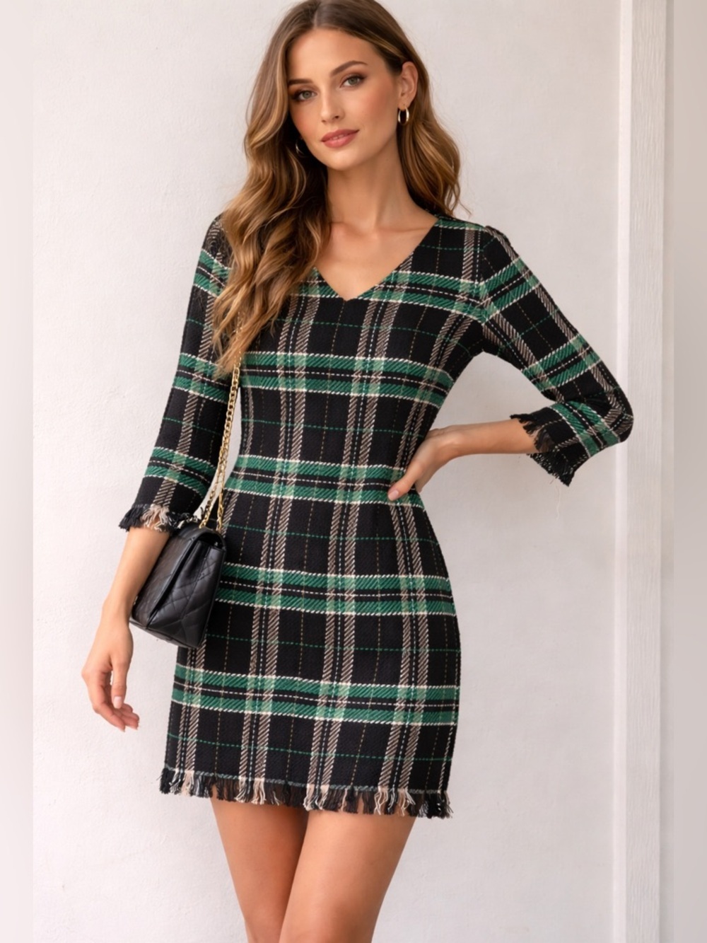 Nathalie Chaize Black & Green Plaid Dress Fringe Hem Tartan Size 2 NWT